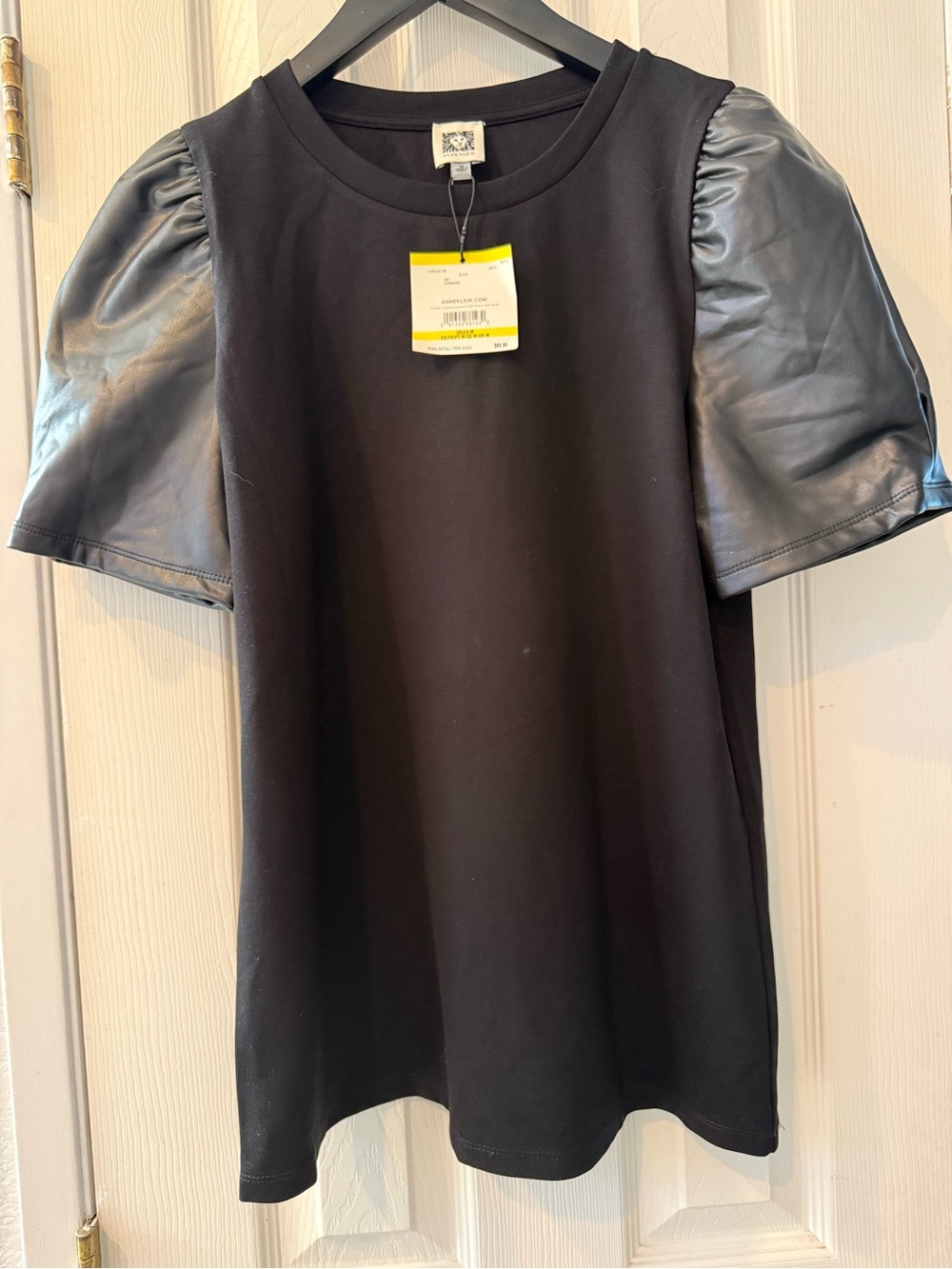 Anne Klein Black Top with Faux-Leather Puff Short Sleeves